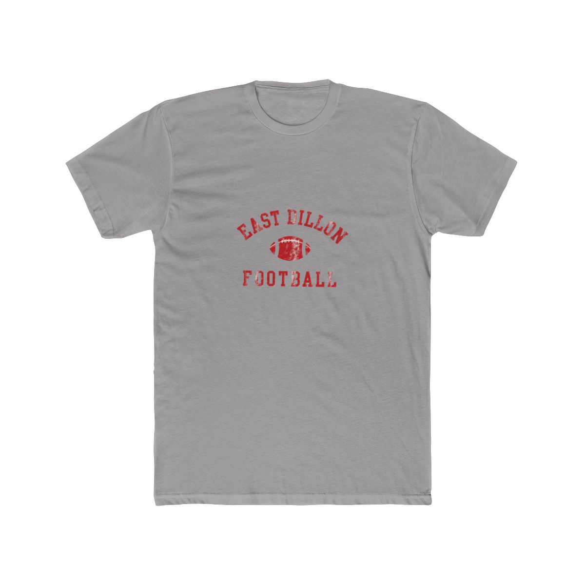 A heather grey T Shirt with a red distressed graphic that reads "East Dillon Football" with a football icon
