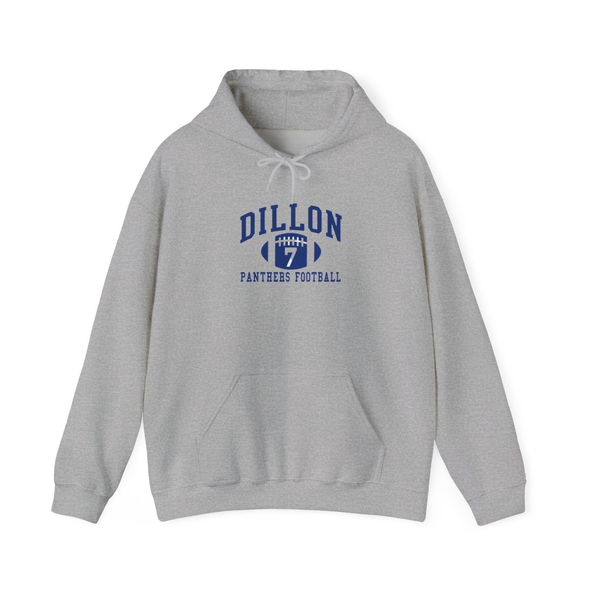 A grey hooded Hoodie with the text "Dillon Panthers Football" and a football graphic with the number "7" on it
