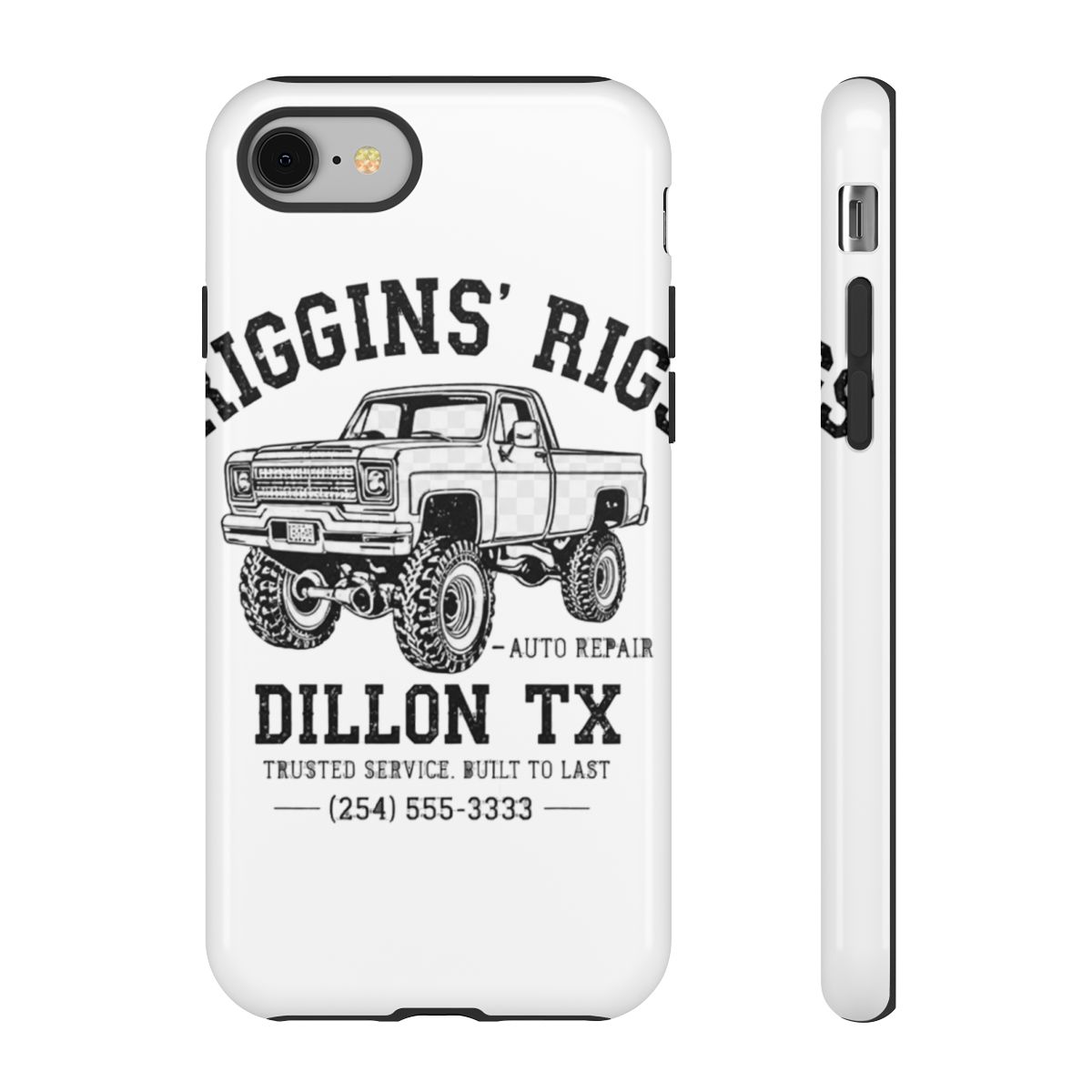A grey Phone Case featuring a black graphic of a truck and the text "RIGGINS' RIGS AUTO REPAIR DILLON TX". The long-sleeved Case also displays a number and address in black text