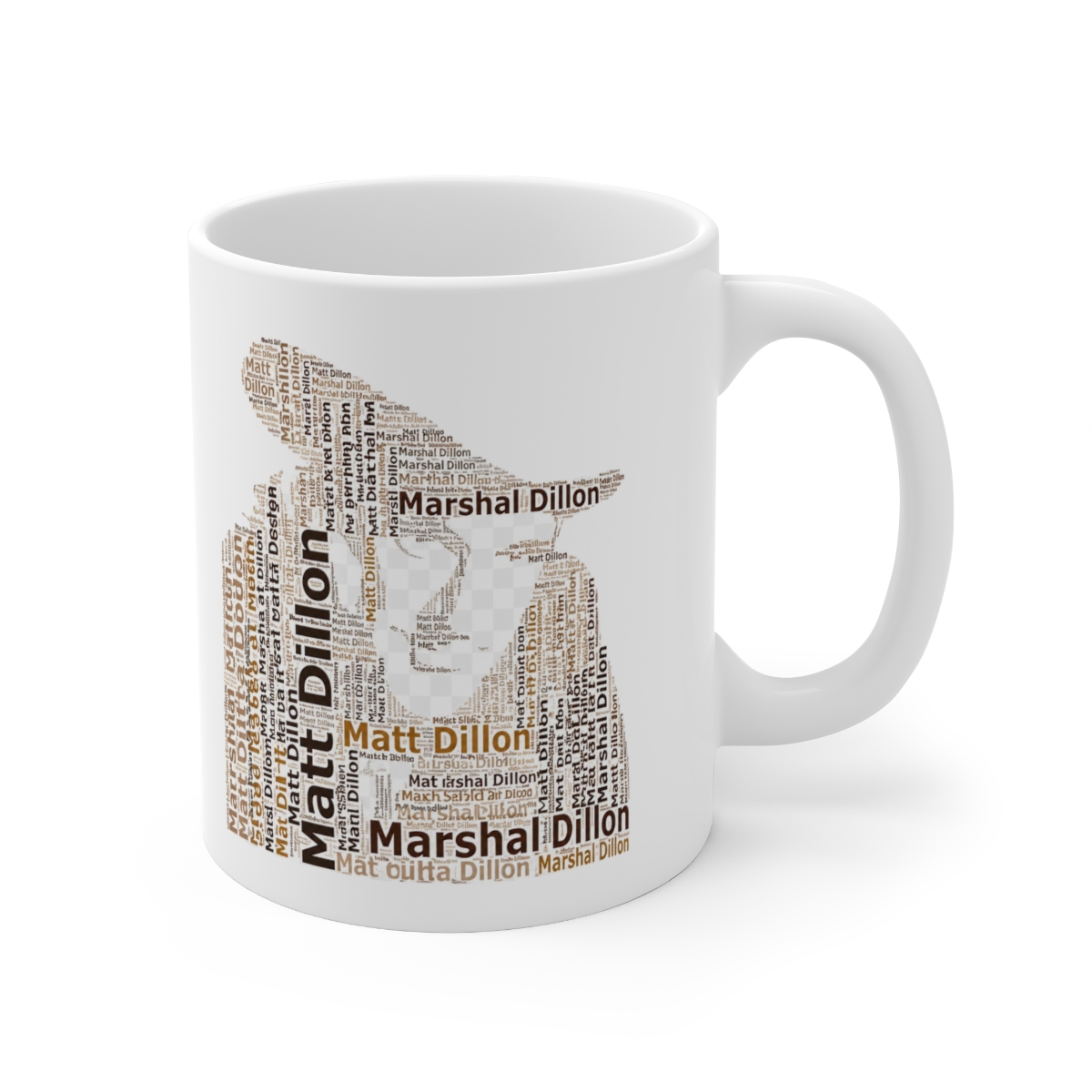 A white ceramic mug with a black rim and handle. The mug features a word cloud design with the words "Matt Dillon" and "Marshal Dillon" repeated throughout. The design is in a brown colour and is...