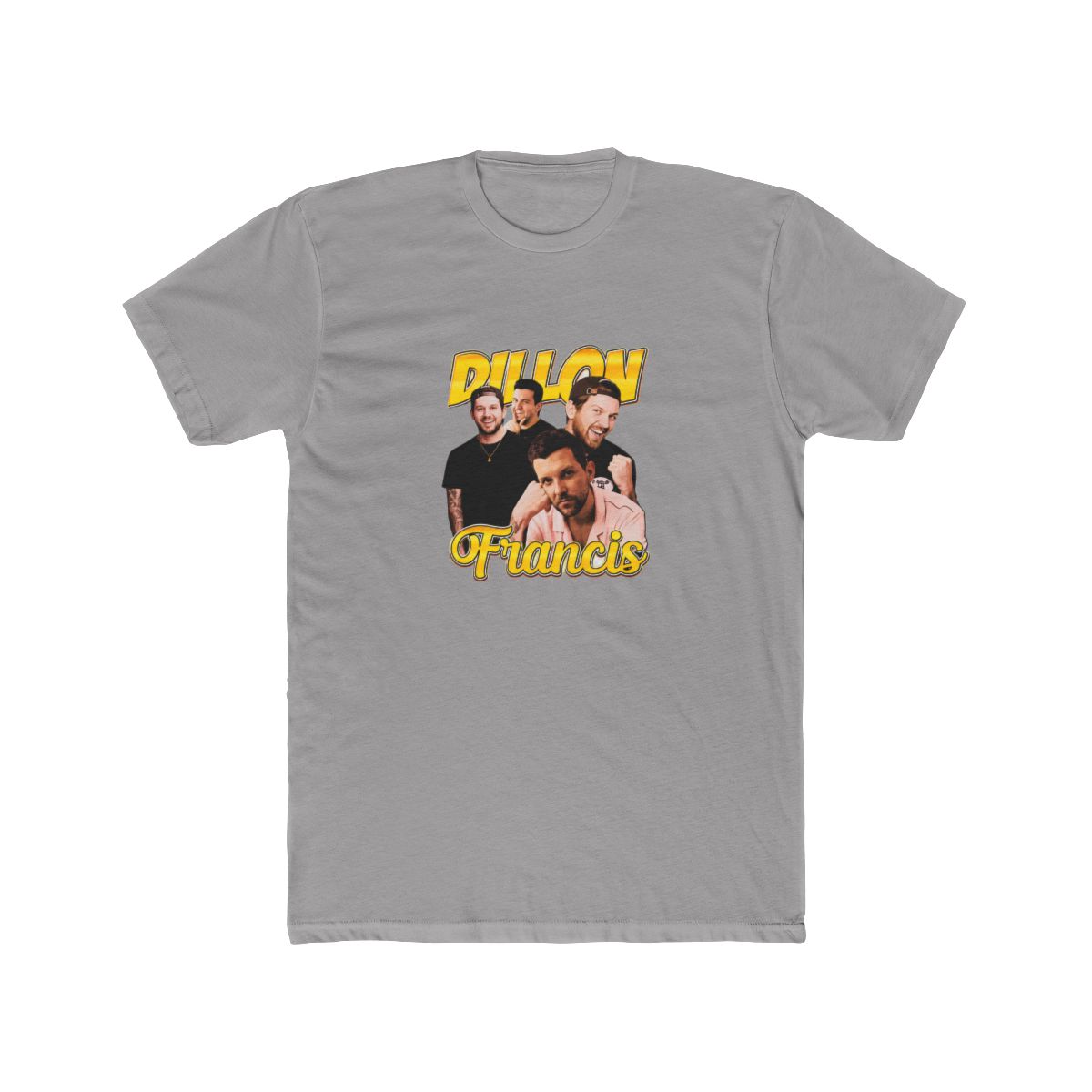Black T Shirt featuring a yellow graphic print of four faces and the text "Dillon Francis"