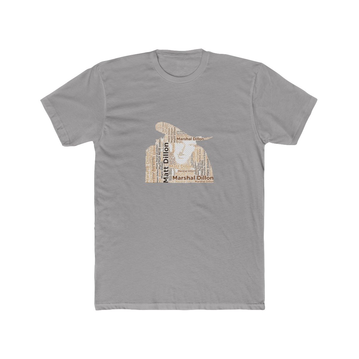 White T Shirt with a brown and white word cloud design featuring the text "Matt Dillon" and "Marshal Dillon"